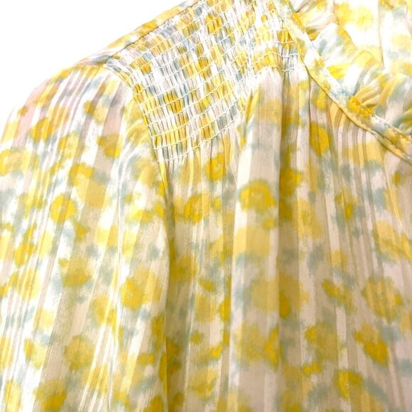 ROSE & OLIVE Long Sleeved Sheer Blouse Butter Yellow Pastel Green Floral Size S - Picture 2 of 8